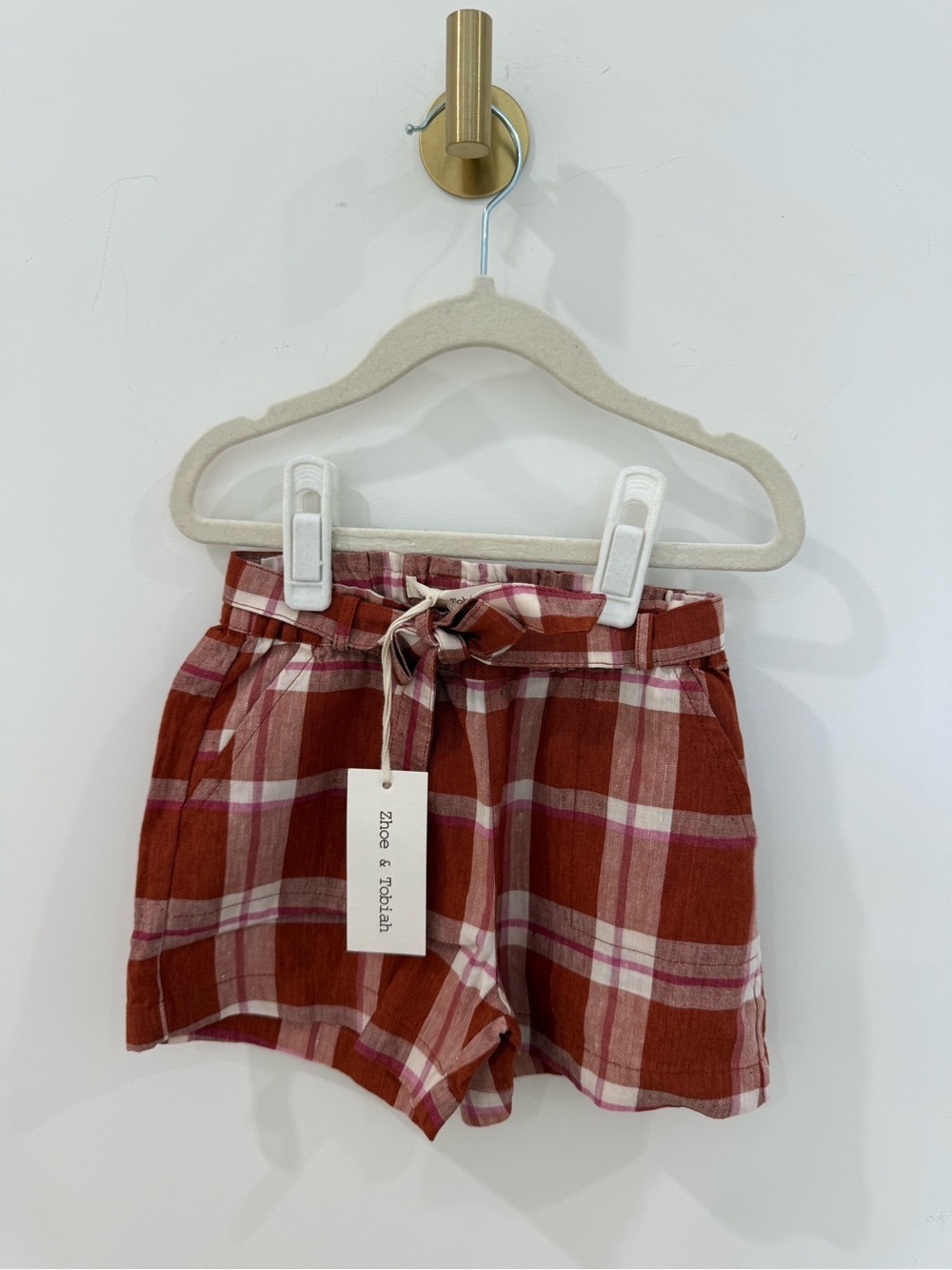 Zhoe & Tobiah Plaid Tie-Waist Shorts - Rust/Pink/White